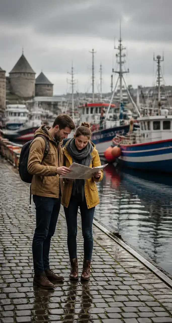 Visiteurs consultant une carte au port de Brest