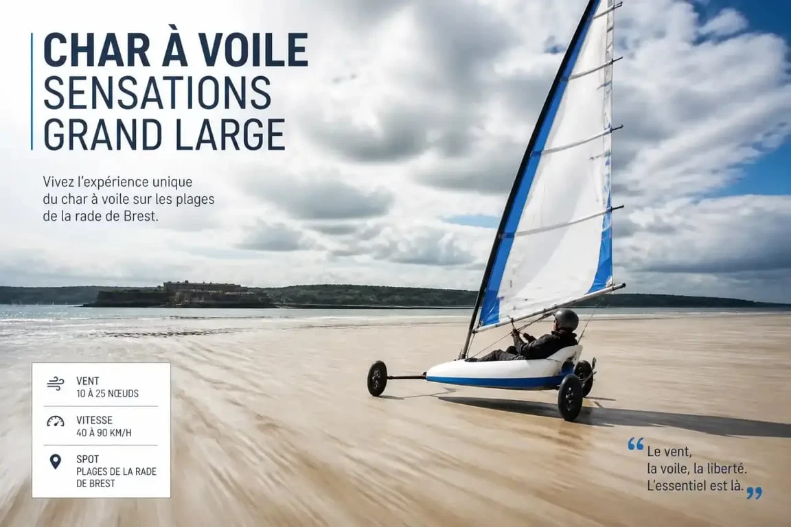 Pratique du char à voile dans la rade de Brest, une activité nautique à sensations fortes.