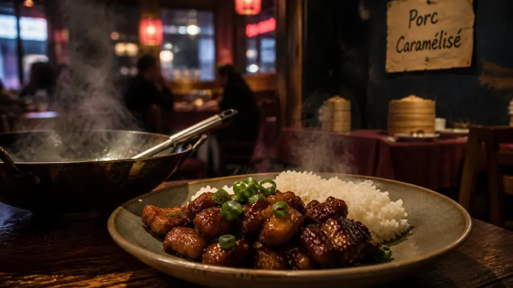 Restaurants chinois Brest : porc caramélisé au wok et riz au jasmin