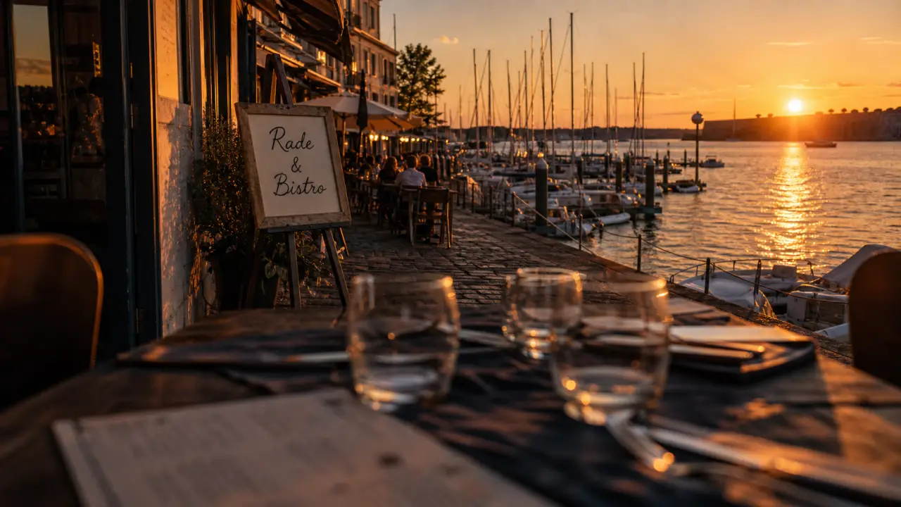 Restaurants port de Brest au bord de la rade, golden hour