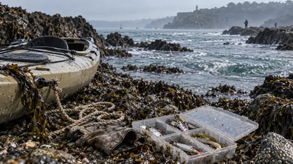 Bon coin de pêche en rade de Brest : kayak et matériel sur la grève