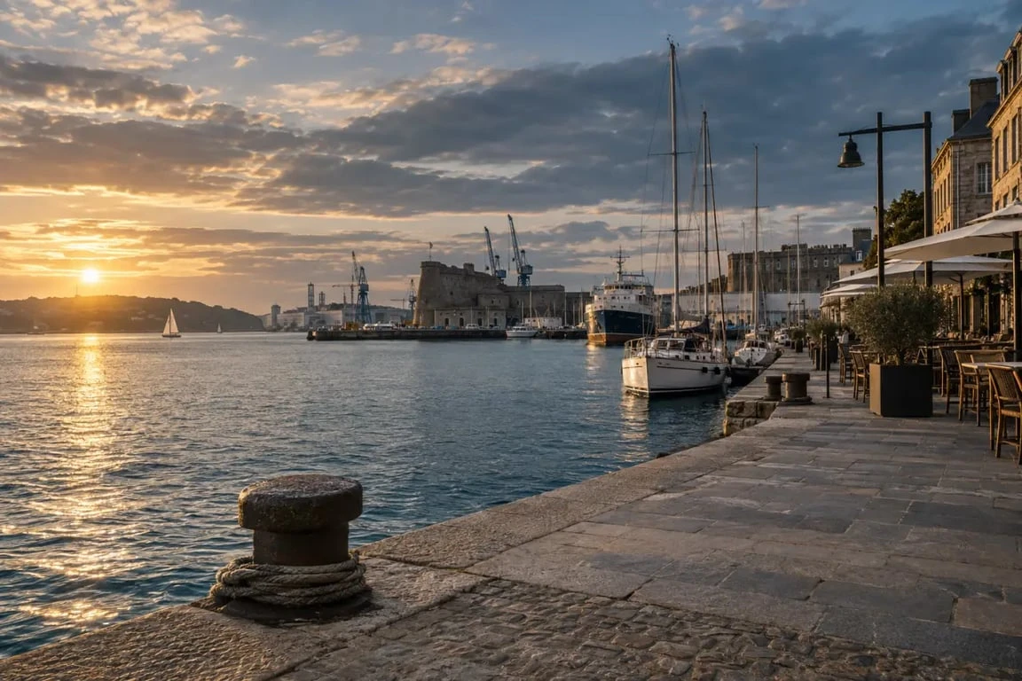 Quai de la Douane à Brest avec restaurants et vue sur le port de commerce