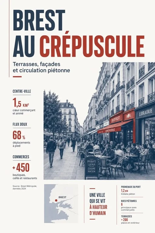 Restaurants Brest centre : terrasses de restaurants et façades commerçantes dans le centre-ville de Brest au crépuscule