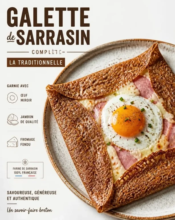 Galette de sarrasin complète, plat emblématique pour un repas à emporter à Brest