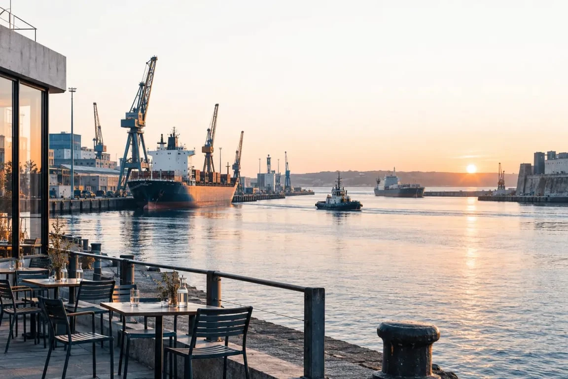Où manger face au port à Brest : vue du port de commerce au coucher du soleil