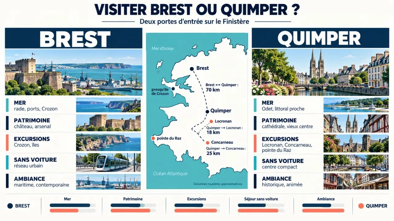 Infographie pour visiter Brest ou Quimper selon les paysages, le patrimoine et les excursions