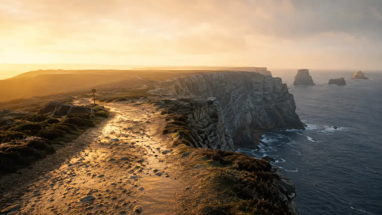 Les plus beaux endroits de la presqu’île de Crozon : chemin côtier vers Pen-Hir au coucher du soleil, Mer d’Iroise