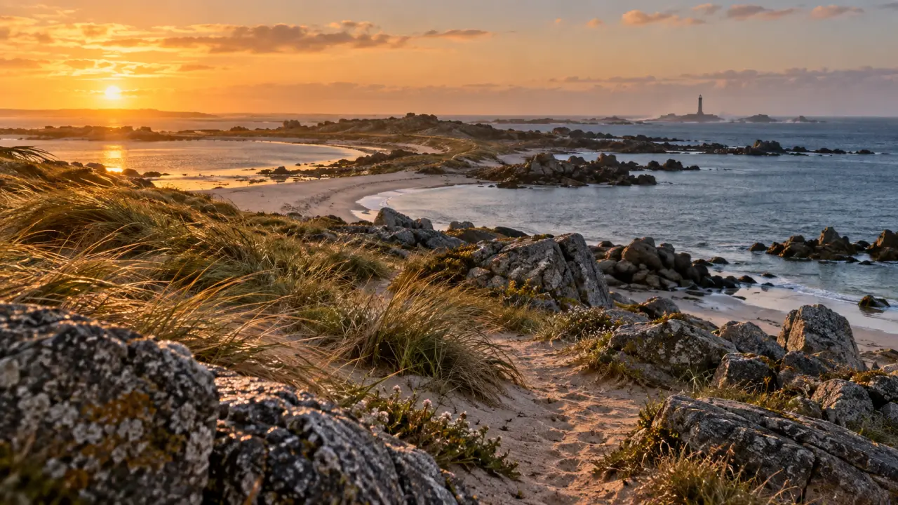 Presqu'île Saint-Laurent : phare du Four, plages et rochers au coucher du soleil