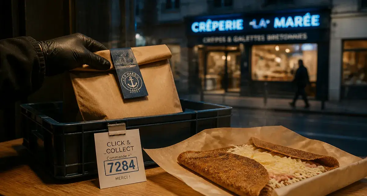 Restaurants à emporter Brest : click & collect, sac isotherme devant une crêperie