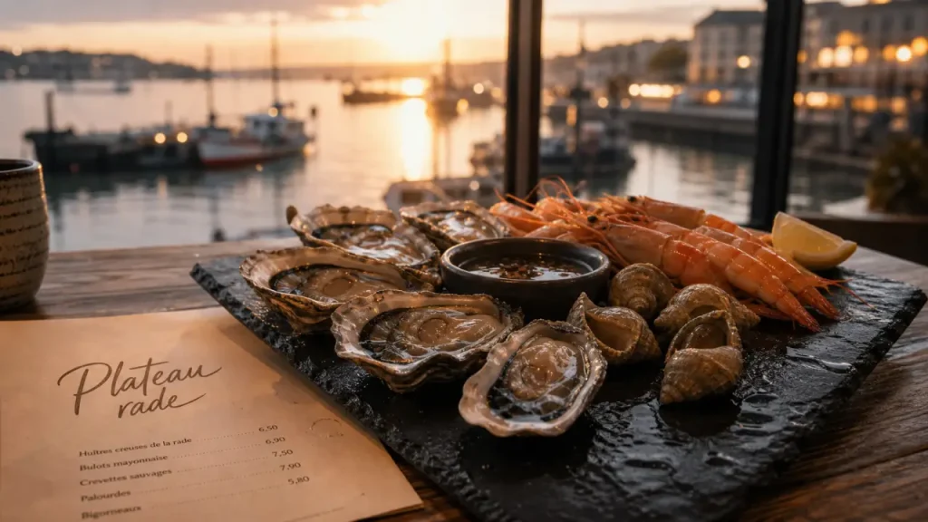 Restaurants fruits de mer Brest : plateau d’huîtres sur ardoise près de la rade