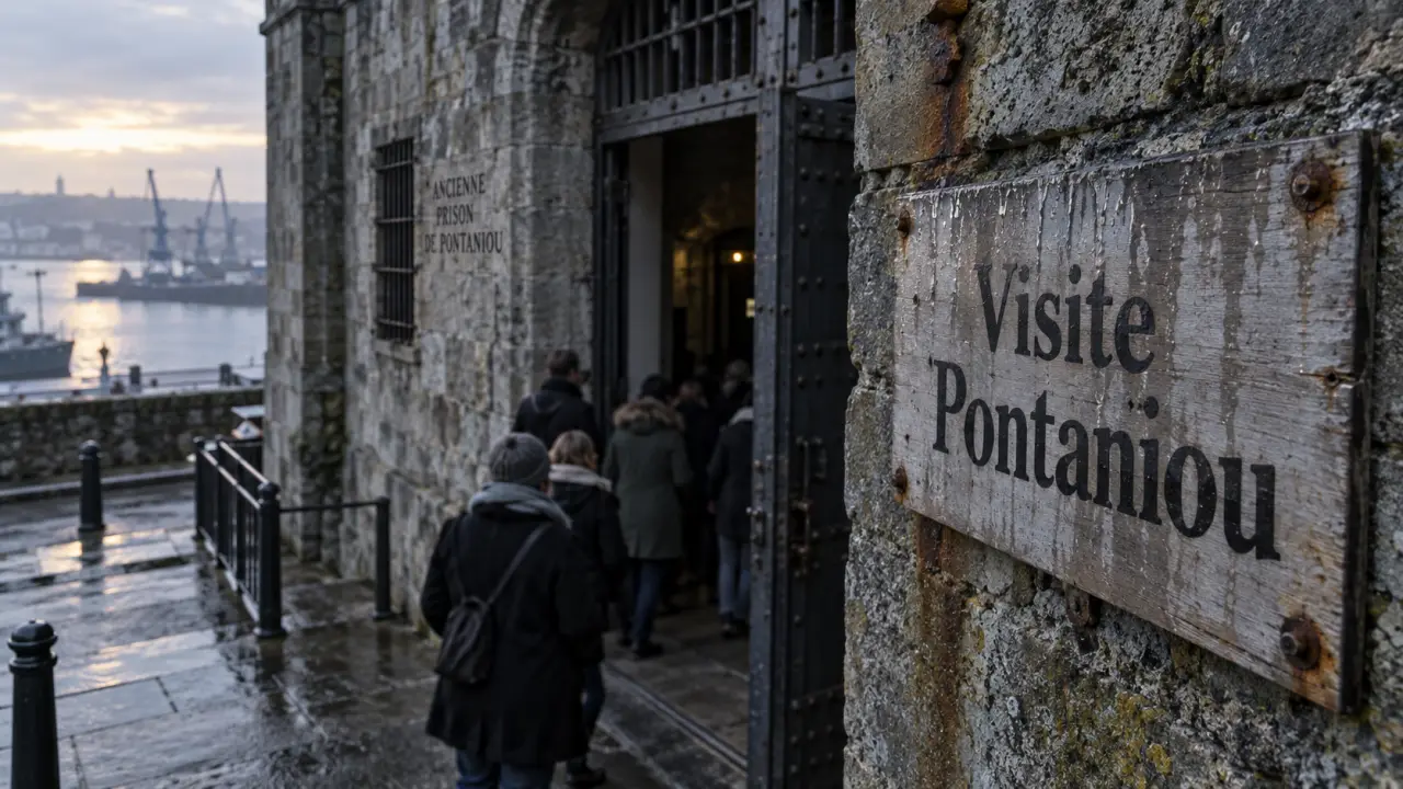 Visite prison Pontaniou Brest, façade de l’ancienne prison et porte entrouverte